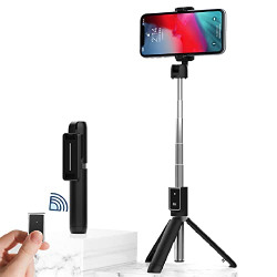 GadgetStore Portable Universal Lightweight Mini Extendable Selfie Stick with Tripod Stand and Detachable Wireless Bluetooth Remote, Ultra Compact Selfie Stick for Mobile and All IOS & Smart Phones (Black)