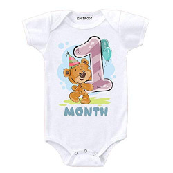 KNITROOT Monthly Birthday Teddy Special Unisex Baby Romper Half Sleeve Envelope Neck"1 Month Old"(KMTBR01-1,0-3 Months,White)