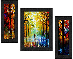 SAF Set of 3 Walking Couple in Forest Watercolor UV Coated Home Decorative Gift Item Framed Painting 13.5 inch X 22.5 inch SANFSAA9201
