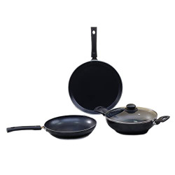 Wonderchef Valencia Non-Stick Cookware 4 Piece Set | Kadhai with Lid 24 cm, Fry Pan 24 cm, Dosa Tawa 28 cm | Pure Grade Aluminium| PFOA Free| 2 Years Warranty | Black