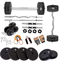 BULLAR 10 kg Home Gym Equipment with 3ft Curl 3ft Straight Rod and Pair Dumbbell Rods PVC Weight Plates Workout Equipment Set with Accessories (Black)