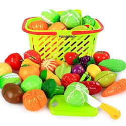 PLUSPOINT Plastic Realistic Sliceable Cut Fruits and Vegetable with Basket 7-Fruits/ 7-Vegetables/ 2 Board/ 2 Knife (Multicolour), 18pc