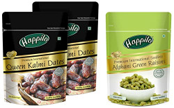 Happilo Premium International fresh Queen Kalmi Dates, 200gm & Premium Seedless Afghani Green Raisins 200g