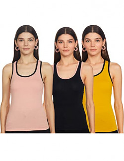 Longies Women's Racer Back Regular Tank Top (LWRTPO3V001_Black,Mustard & Peach M)