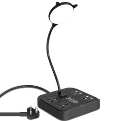 UBON EXT-331 8-in-ONE Ustaad Series, 2500W Multi-Plug Extension Board with Adjustable LED Lamp, 2.4Amp Dual USB + Type-C Fast Charging Ports, 4 Three-Pin Sockets, 2Mtr Extension Cord (Black)