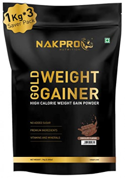 NAKPRO GOLD WEIGHT GAINER | High Carbs & High Calorie | 13g Protein, 80g Carbs | Added Vitamins, Minerals & Digestive Enzymes | Easy Mixing, Easy Digesting Weight Gainer Powder for Men & Women | 3 Kgs (1 Kg*3 Nos) Chocolate Flavour (30 Servings)
