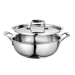 Signoraware Artista Triply Shallow Kadhai Stainless Steel Induction Compatible Triply with Steel Lid (Induction and Gas Compatible), 26cm, Capacity 3300ml, Silver