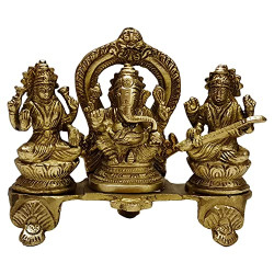 Vayu Shakti Pure Brass Statue of Ganesh Lakshmi and Saraswati, Height 5.2 inch, Width 6.2, Metalcraft