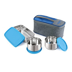 Cello Steel King 3 Stainless Steel Lunch Box, Blue (Capacities - 250ml, 250ml, 650ml)