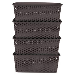 Bel Casa Royal Basket Medium Pack of 4 With 4 Lids Multipurpose Plastic Storage Baskets - Dark Brown