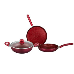 Bergner Sherry Non-Stick 4 Pcs Cookware Set - 24cm (2.5 L) Kadai with Glass Lid, 24cm Frypan and 28cm Tawa, Bakelite Touch Handle, Less Oil Use - Induction Bottom, Diwali/Anniversary Gifting (Cherry)