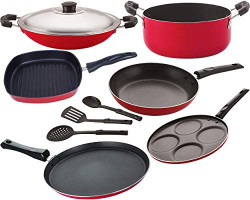 Nirlon Nonstick Cookware Set Standard, Dishwasher Safe, 9-Pieces, Red [FT13_TP_AC_GP(22.5)_Cass20_UP4_3SPN]