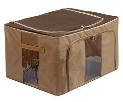 Amazon Brand - Solimo Foldable Underbed Storage Box with Metal Frame Support, 66L, Brown, Set of 1