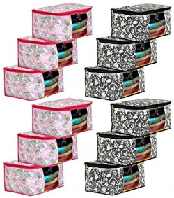 Kuber Industries Metalic Leafy,Flower Print 12 Piece Non Woven Fabric Saree Cover/Clothes Organiser For Wardrobe Set with Transparent Window, Extra Large (Black & Pink)-KUBMART16577