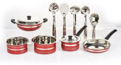 Mahavir Mahavir Stainless Steel 12pc cook and serve set with 1pc Kadhai With Lid,2pc Palita Set,1pc Milk pan,1pc Frying Pan, 5pc Kitchen Tool Set Cookware Set(Stainless Steel, 10 - Piece)