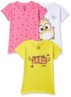 Joshua Tree Girl's Angry Birds Regular fit T-Shirt (HPKO3-T4_Yellow White Pink AOP 3-4 Years)