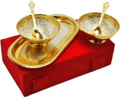 Adiidev Pack of 5 Gold Plated Silver And Gold Plated Brass Bowl Tray With Spoon Set Of 5 Pcs. Dinner Set(Gold, Silver)