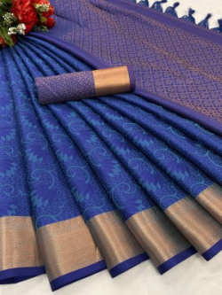 KING VULTURE Woven Kanjivaram Jacquard, Cotton Silk Saree(Dark Blue)