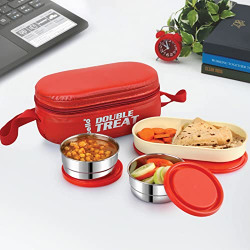 CELLO Double Treat Lunch Box with Insulated Fabric Jacket (Red)