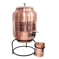 Kuber Industries 5 Litre Copper Water Dispenser with Stand and Glass | BPA Free, Non-Toxic | Hammered Texture, Rustproof & Durable | with Added Health Benefits of Copper | 5L