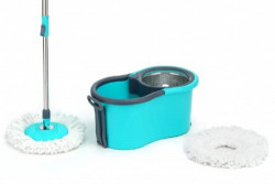 COSTEM New Spin Mop Prime with Big Wheels and Stainless Steel Wringer, Bucket Floor Cleaning and Mopping System,2 Microfiber Refills,(blue)