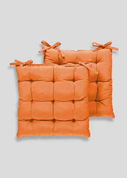 Padam Shree Cotton Decorative Damask Fabric Chairpad/Back Support/Seat Cushion with Ties and Handmade Quilting (Orange, Standard - 15X15 Inch) Pack of 2