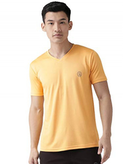 CHKOKKO Men's Regular Fit V Neck Half Sleeves Plain Sports and Gym T-Shirt Mustard Size M