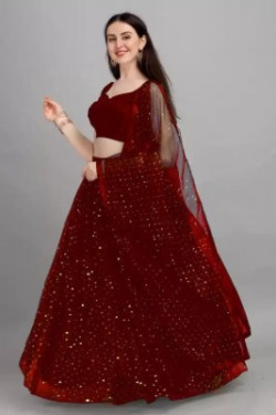 NIRAFASHION Embellished Semi Stitched Lehenga & Crop Top(Maroon)
