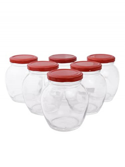 Storehaus Matka Glass Jar - Kitchen Storage 335 ml Set Of 6 (Red Tin), Transparent, M3356SRT, Storage Jar, Kitchen Organizer, Air Tight, Modular, Food Grade, Multipurpose Jar