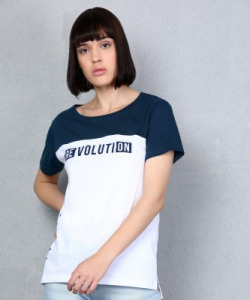 METRONAUT Printed Women Round Neck Dark Blue, White T-Shirt