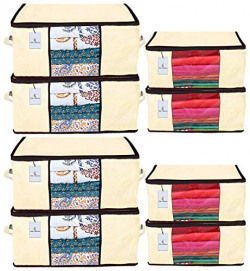 Kuber Industries Non Woven 4 Pieces Saree Cover and 4 Pieces Underbed Storage Bag, Cloth Organizer for Storage, Blanket Cover Combo Set (Ivory) -CTLTC38517