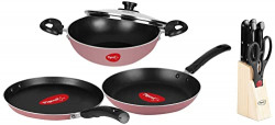 Pigeon Basics Non stick Aluminium Non Induction Base Cookware set, including Dosa Tawa, Kadai With Glass Lid, and Frying Pan & Pigeon by Stove Kraft Shears Kitchen Knifes 6 Piece Set with Wooden Block