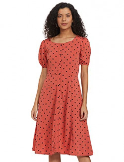plusS Women's Georgette A-Line Knee-Length Dress (LDR6497-RUSTPOLKA_Red_S)