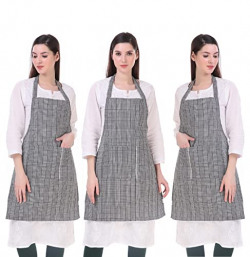 GLUN Waterproof Unisex Kitchen Apron with Center Pocket and Adjustable Neck Belt with Metal Buckle (PACK OF 3) (White Check)