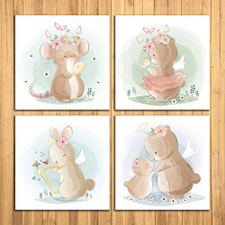WENS Cute Rabbit Set of 4 Sparkle Laminated Wall Panels for Kids