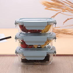 The Better Home Borosilicate Glass Lunch Box Set Of 3 (410 ml each) | Tiffin Box For Office For Men Women |Lunch Box For Women School Kids |Microwave Safe Leak Proof Airtight Lunch Boxes (Blue)