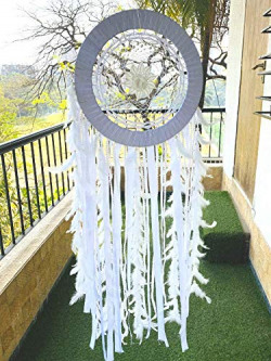 Rooh Dream Catcher ~ Big White Flower (16 inch) ~ Handmade Hangings for Positivity (Can be Used as Home Decor, Gift, Wall Hangings, Meditation Room, Yoga Temple, Wind Chime & Car Hanging)