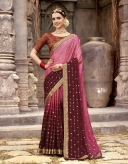 TEREZA Ombre, Temple Border, Embellished Kanjivaram Chiffon Saree(Maroon, Pink)