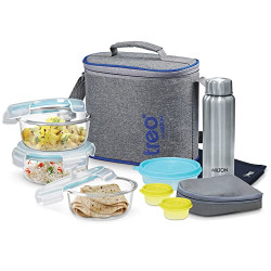 Treo by Milton All Fresh Premier Glass Tiffin with Bag, Set of 8 (3 Containers, 400ml Each; 1 Steel Bottle, 750 ml; 2 - Pickle/Chutney Dabba, 30ml Each; 1 Salad/Papad Dabba, 200ml; 1 Dining Mat)