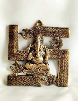 Akriti Brass Art Wares SM Metal Antique Lord Ganesha Swastik Wall Hanging for Entrance Door, Living Room, Decorative Wall decor (16 x 2 x 17cm, Small)