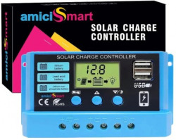 amiciSmart Solar Charger Controller 10A, Intelligent Battery Regulator for Solar Panel LCD Display with USB Port 12V/24V PWM Solar Charge Controller
