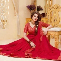 pd fashion Printed Banarasi Net Saree(Red)