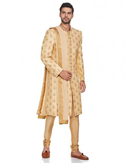 Ethnix Men's 2pcs 3pcsSherwani Churidar & Dupatta Jacket (RTSB00295-YB_Beige_104)