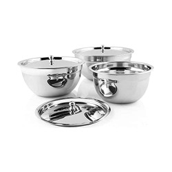 Shri & Sam Stainless Steel Serving Bowl with Stainless Steel Lid, 3 Pieces, Silver (Tezon)