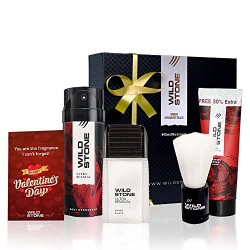 Wild Stone Valentine Gift Box with Ultra Sensual Deodorant 150ml, After Shave Lotion100ml, Shaving Cream 78gm and Shaving Brush