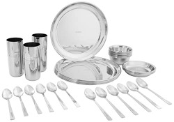 Amazon Brand - Solimo Stainless Steel Dinner Set of 42 Pieces | Mirror Finish I Bhojan Thali Set I Dinnerware Set for Kitchen I Dishwasher Safe