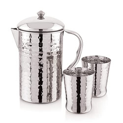 Attro Hammered Finish Stainless Steel Jug Set with 2 Glass with Lid, Look Perfect on Dinning Table 1500 ml - Silver