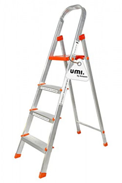 Amazon Brand - Umi, 4-Step Premium Aluminium Ladder Laser Cut with Super Advance Sure-Hinge Technology Ladder Platform Ladder, 7 Year Warranty - Tiger White