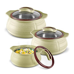 Milton Weave Jr. Insulated Inner Stainless Steel Casserole with Glass Lid,Set of 3, (420 ml, 780 ml, 1.32 Litres),Beige | BPA Free |Food Grade | Easy to Carry | Ideal For Chapatti | Roti | Curd Maker