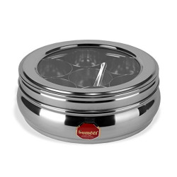 Sumeet Stainless Steel Belly Shape Masala (Spice) Box / Dabba/ Organiser with See Through Lid with 7 Containers and Small Spoon (Big)